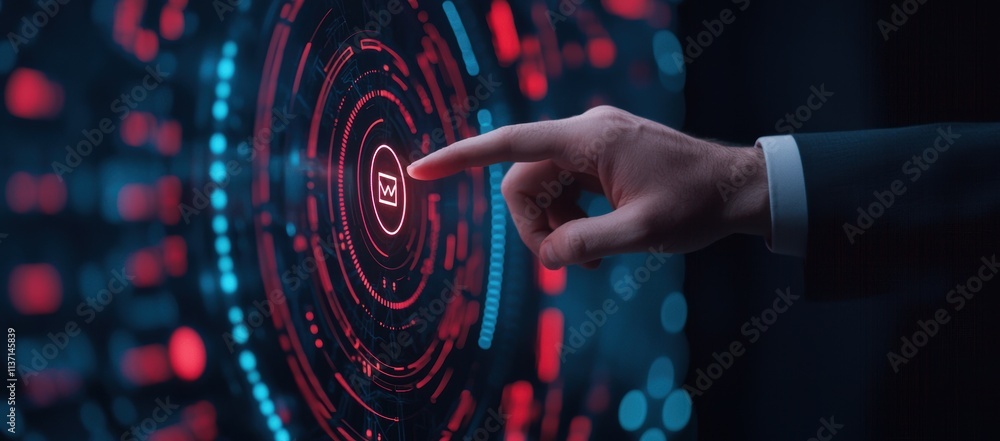 Poster hand interacting with futuristic touchscreen display interface design