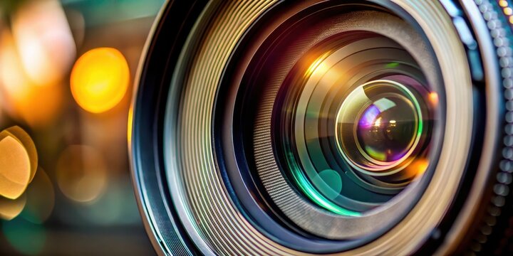 Close-up of a camera lens with a blurred foreground
