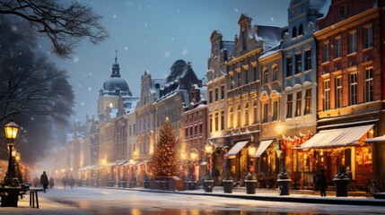 A snowy city street with a Christmas tree in the center