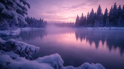 Fototapeta premium Serene Winter Sunset Over Snow Covered River And Forest