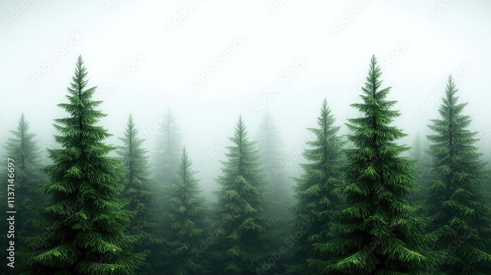 Poster mysterious fog concept. lush green trees shrouded in a mysterious fog create an enchanting forest am