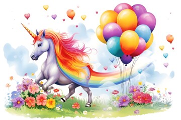 Obraz premium Cute watercolor girls set - Little princess Magic unicorn in fantastic world with fluffy clouds and fairy meadows. Neural network AI-generated art 