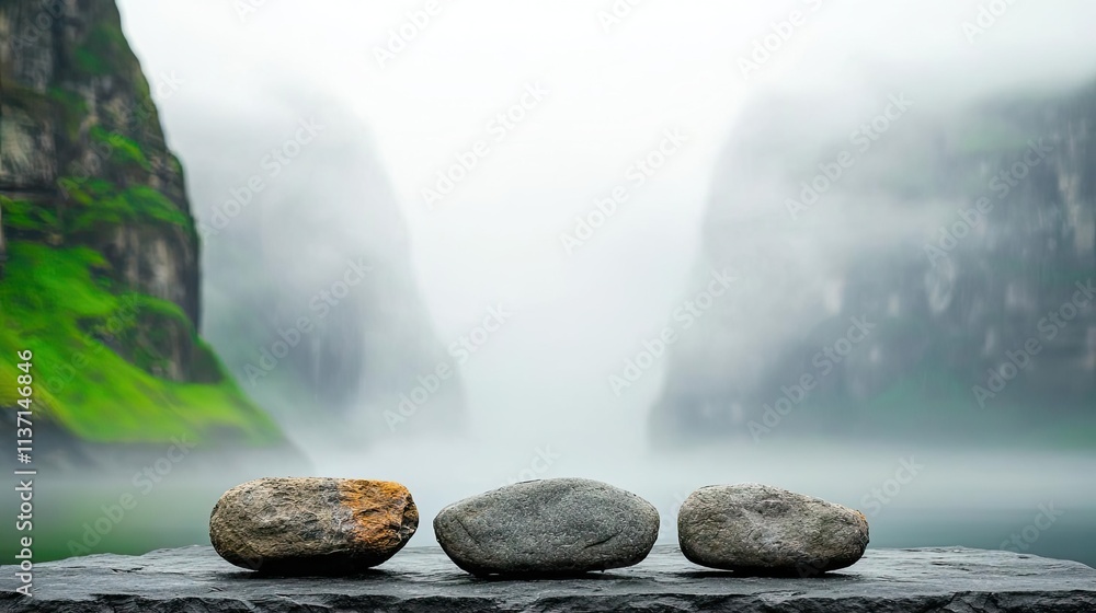 Poster mysterious fog concept. tranquil scene showcasing three stones against a misty backdrop of cliffs an