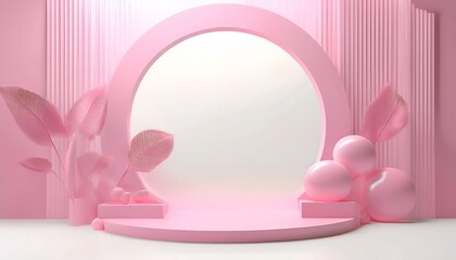 Obraz premium A minimalist pink stage design featuring circular and organic shapes, complemented by botanical elements, creating an inviting atmosphere.