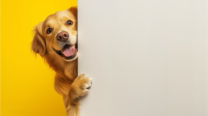 a golden retriever peeking out of the side of a white wall with space for text on a yellow background