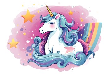 Obraz premium Cute watercolor girls set - Little princess Magic unicorn in fantastic world with fluffy clouds and fairy meadows. Neural network AI-generated art 