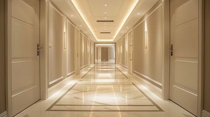 Obraz premium Luxurious Hotel Corridor with Elegant Doors and Marble Flooring