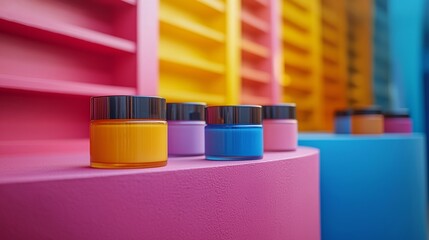 Minimalist jars of skincare cream in bright colors