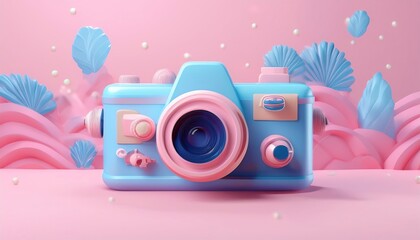 A whimsical, pastel-colored camera surrounded by soft, flowing shapes creates a playful, artistic scene.