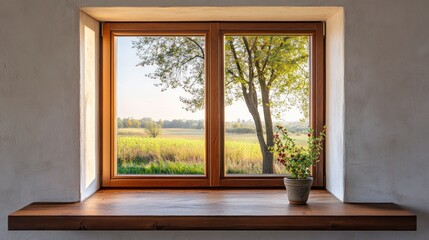 Fototapeta premium Rustic window with autumnal view and plant.