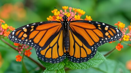 Naklejka premium Monarch Butterfly with Open Wings on Lantana Flowers