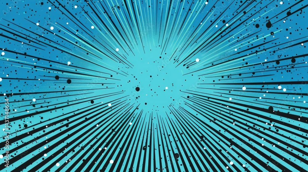 Poster abstract burst of lines and dots in blue, resembling a dynamic explosion or energy source.
