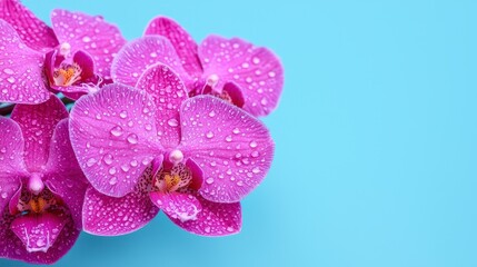 Dew-Kissed Pink Orchids on Vibrant Blue Background
