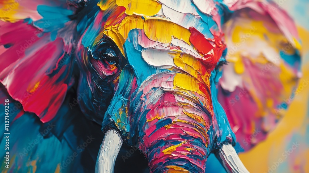 Poster a vibrant and artistic close-up of an elephant, with expressive paint strokes in bright colors cover