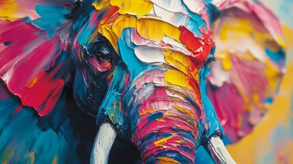 Obraz premium A vibrant and artistic close-up of an elephant, with expressive paint strokes in bright colors covering its face and ears. The textured brushstrokes create a dynamic and modern interpretation of the