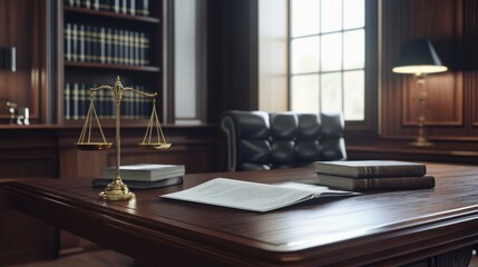 Elegant Law Office Interior with Scales and Books on Wooden Desk