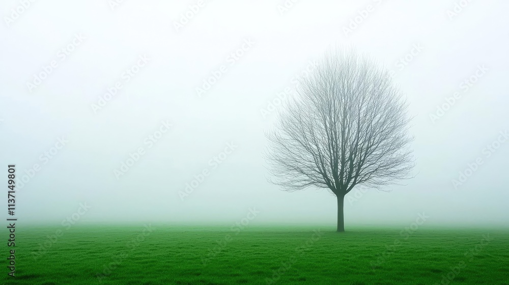 Poster mysterious fog concept. a solitary tree stands in a foggy landscape, creating a serene and tranquil 