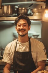 Naklejka premium A male chef wearing an apron, confident smile, soft kitchen lighting, blurred culinary equipment background,