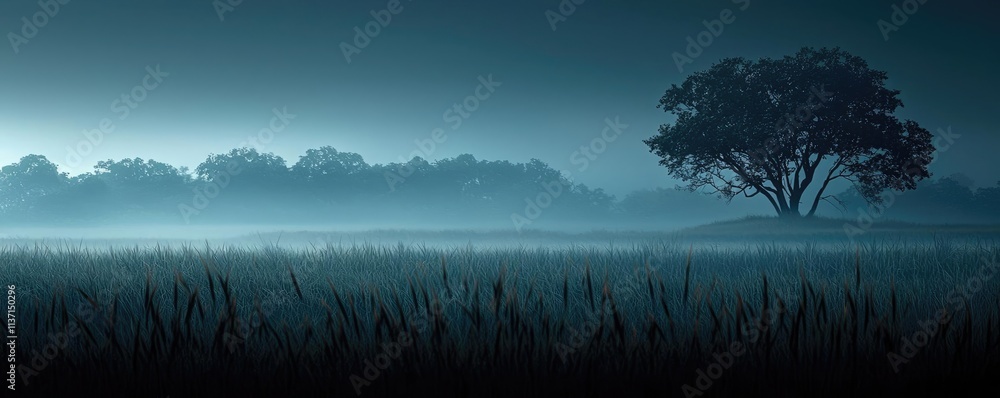 Poster Mysterious fog concept. A serene landscape featuring a lone tree amidst misty fields at dawn.