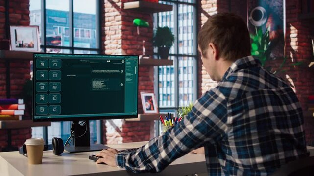 Man at home asking questions to AI LLM chatbot virtual assistant answering user prompts. Person receiving helpful information from artificial intelligence large language model program on PC, camera A
