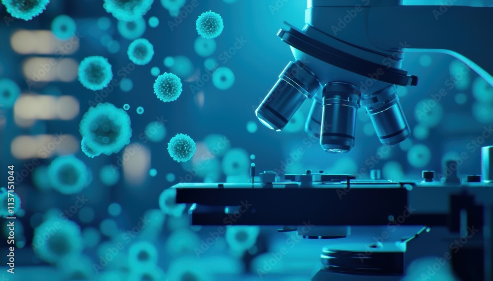 Poster microbiology laboratory scene with microscope and pathogens visualization