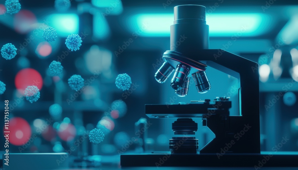 Poster modern laboratory microscope with visualized microorganisms