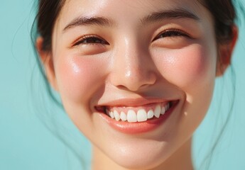 Fototapeta premium Joyful Young Woman Smiling Brightly with Clear Skin and Natural Beauty