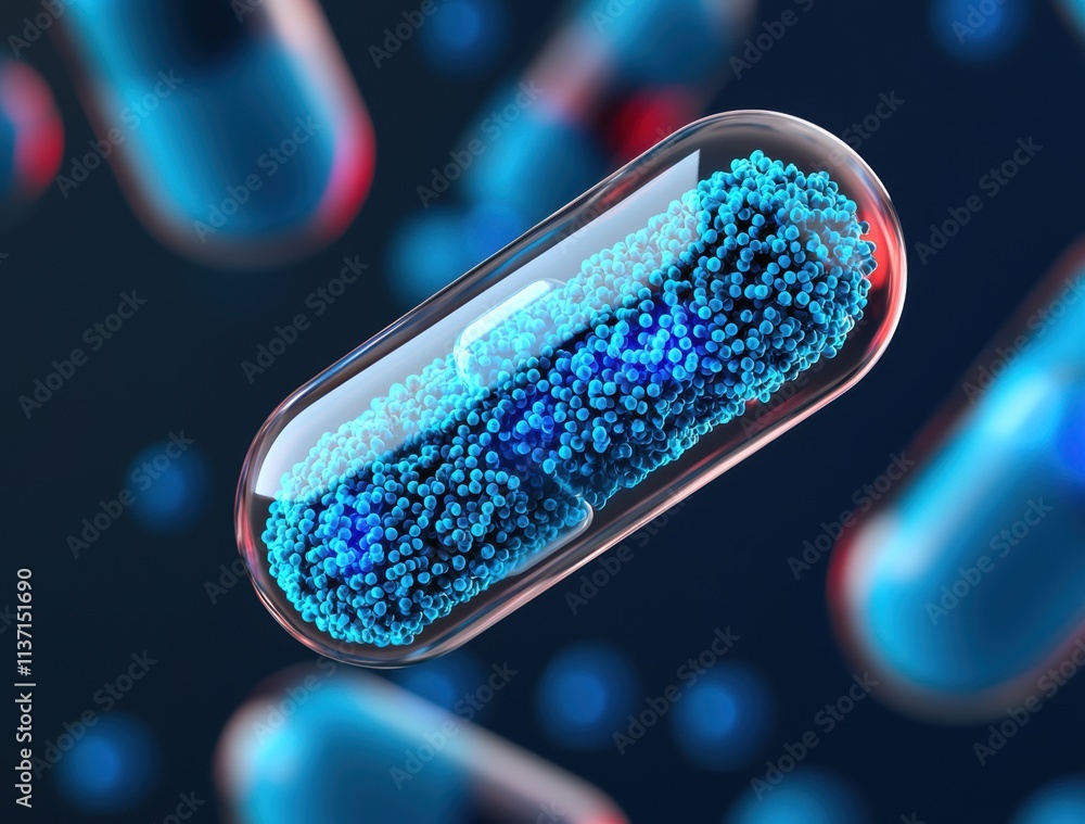 Poster colorful microbial structures in transparent capsule against dark background