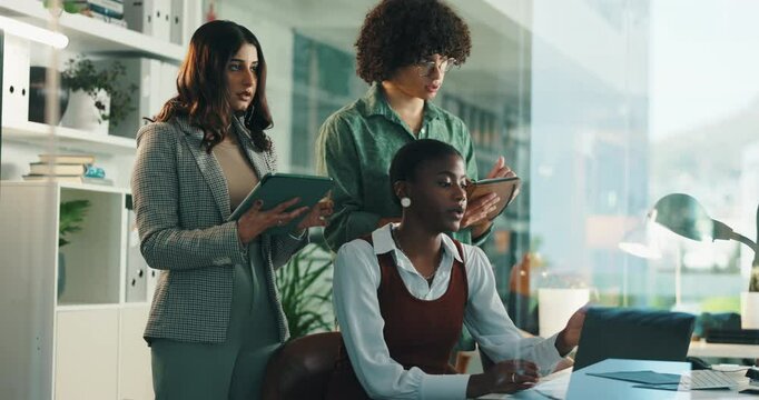 Business people, training intern and team on laptop for help or discussion in creative startup. Group, coaching and manager on computer for learning, planning or event coordinator on tablet for notes