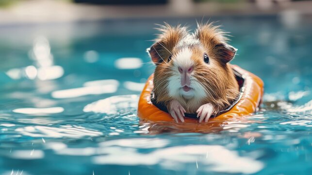 Cute Guinea Pig Swimming in Pool with Safety Float Ring