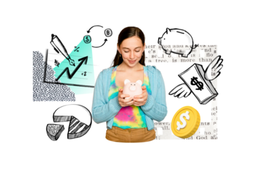 Woman saving money png, finance doodle remix, transparent background