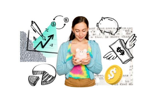 Woman saving money png, finance doodle remix, transparent background