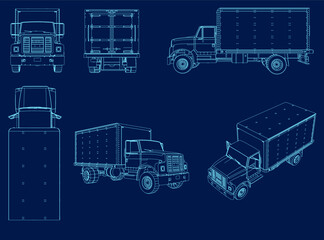 Contour vector set of icon vans, front view, side view, back, top. isometric view