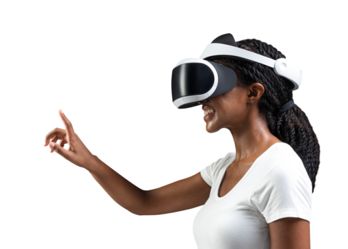 Woman with VR headset png touching invisible screen