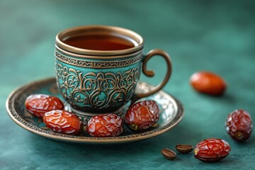 Turkish metal coffee cup with lid and saucer with dates in the dark on green emerald background. Concept of Islamic holiday Ramadan, Muslim Eid al-Adha