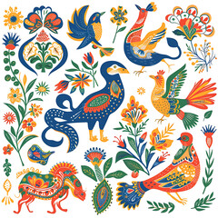 Obraz premium Colorful Folk Art Floral and Animal Illustrations