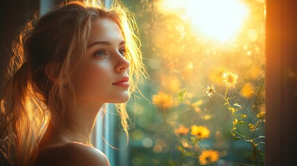 Fototapeta premium Portrait of a woman in warm sunlight surrounded by flowers