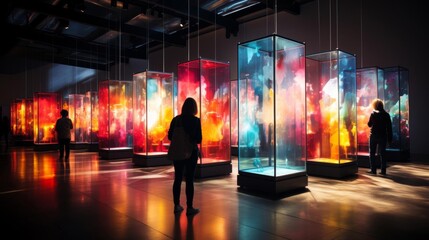 A woman is looking at a display of colorful glass cases
