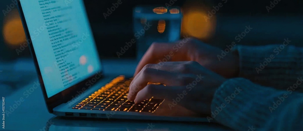 Poster hands typing on laptop keyboard with soft glow in dim environment