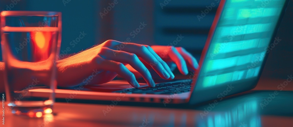 Poster hands typing on laptop with colorful backlight in dim environment