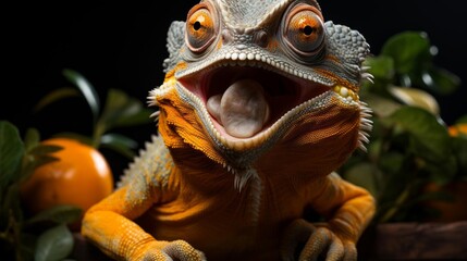 A chameleon is smiling and has its mouth open