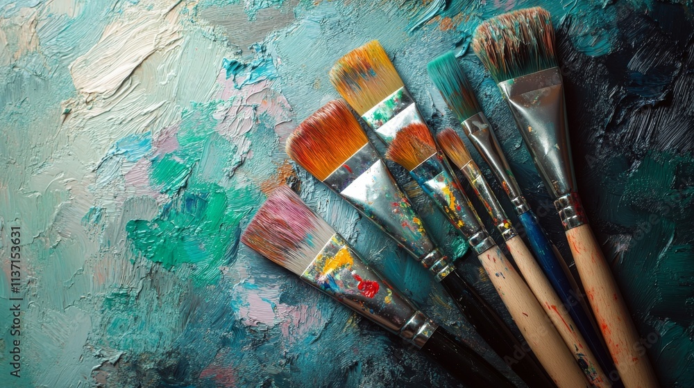 Poster a row of colorful paintbrushes resting against a textured abstract painting, perfect for artistic or