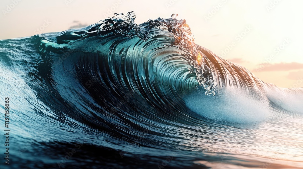 Poster wave abstract background idea. dynamic ocean wave cresting under soft sunset light, capturing nature