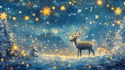 Fototapeta premium Serene Winter Scene with Deer and Twinkling Stars in Snow