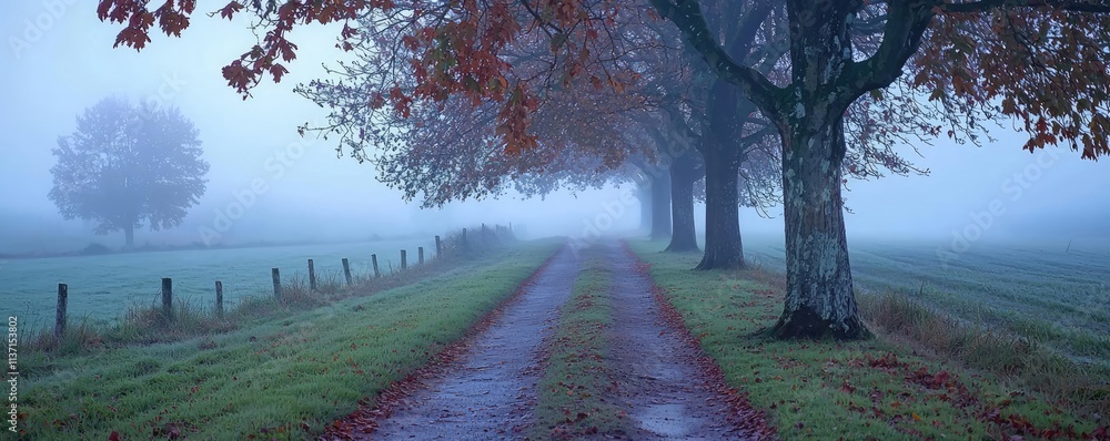 Aufkleber mysterious fog concept. mysterious foggy path lined with autumn trees creating a serene atmosphere.