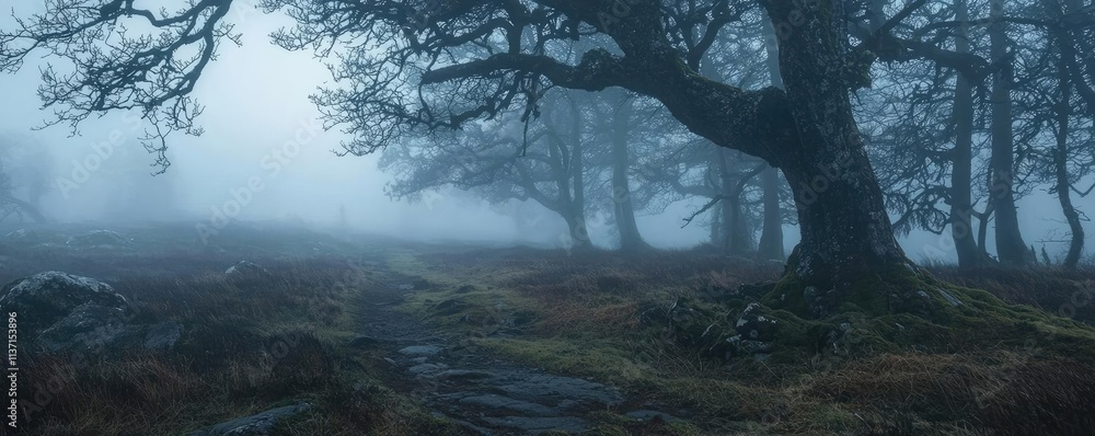 Aufkleber mysterious fog concept. mysterious fog envelops a serene landscape with trees and rocky paths.