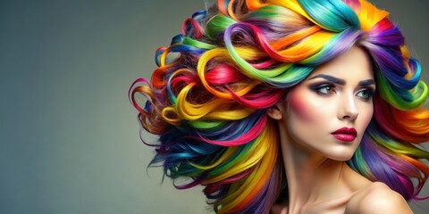 Fototapeta premium Woman with whimsical hairdo featuring vibrant colors and unique shapes, fantasy, hairstyle, colorful, creativity