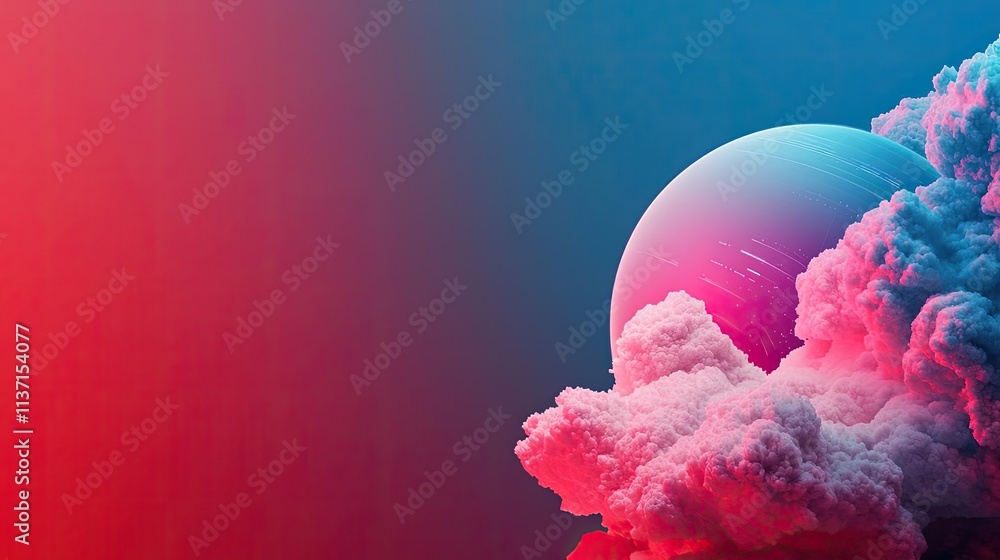 Poster weather forecast concept. vibrant abstract design featuring colorful clouds and a glowing sphere.