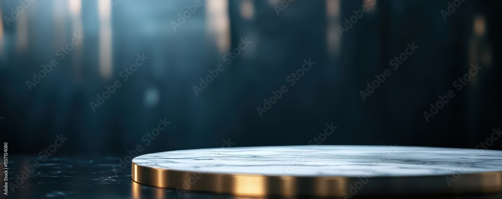 Poster minimalist round marble podium presentation concept. marble surface with golden edge, illuminated by