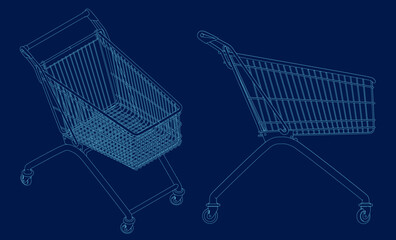Shopping cart contour. Isometric, side view. Vector illustration